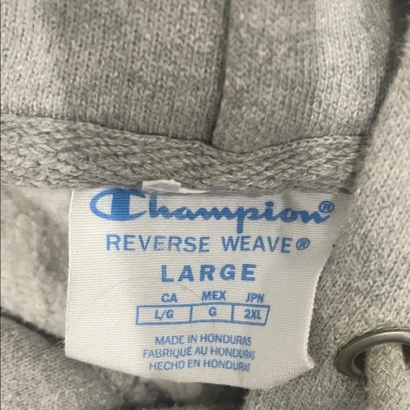 Champion Light Gray Hoodie 😍 Reverse Weave Flock Arm Script  Sweatshirt • Large - Picture 13 of 15